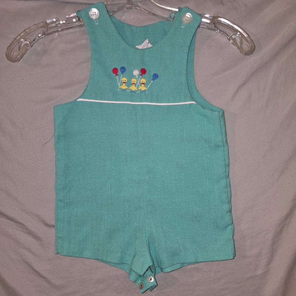 Vintage Duck Embroidered Romper 12-18M Kids Teal Sleeveless Snap Sunsuit